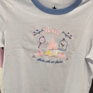 Belle Disney Embroidered T-Shirt in Light Blue and Pink